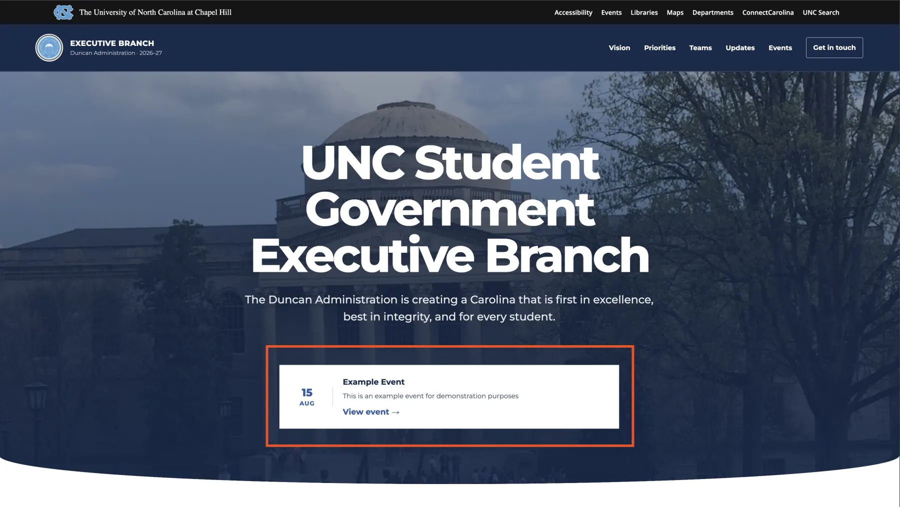 Homepage hero with the featured event card outlined